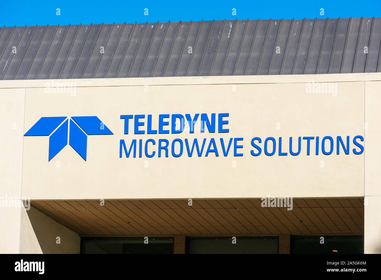 Teledyne Microwave Solutions on the facade of company office in Silicon Valley. Teledyne Technologies headquartered at Thousand Oaks Stock Photo
