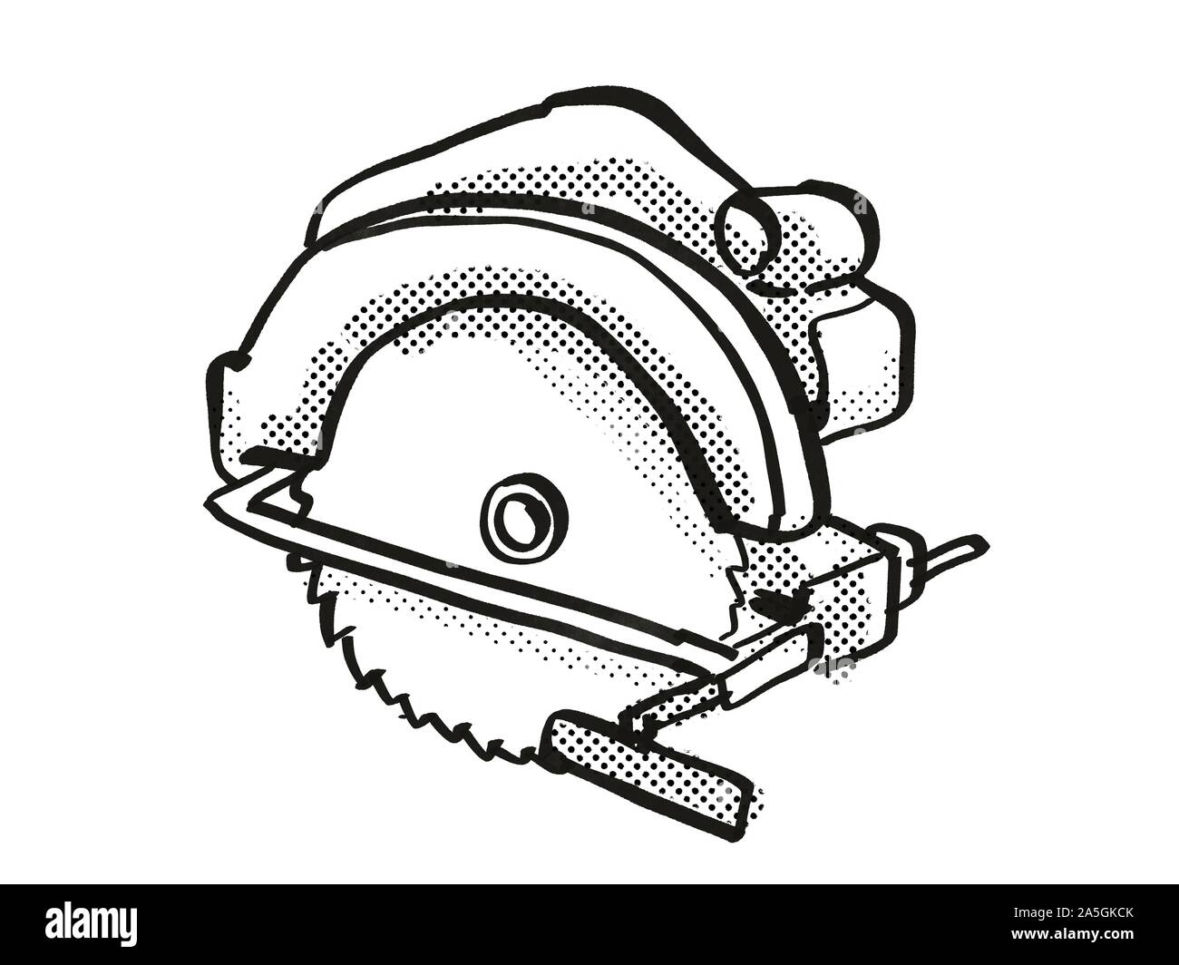 Retro cartoon style drawing of a Circular Saw, a power tool or