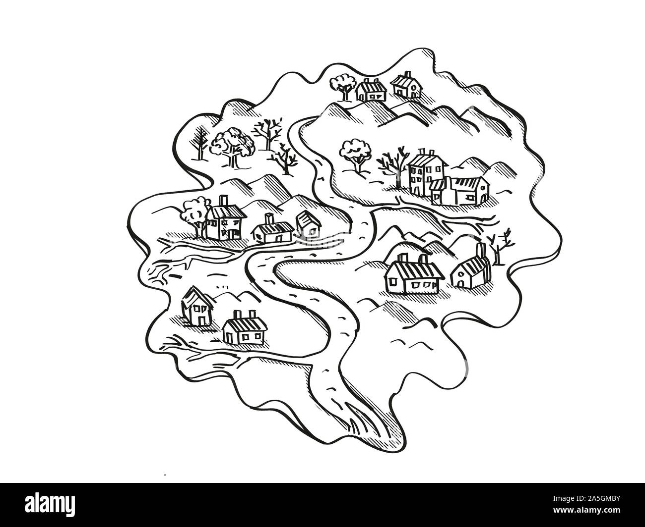Retro cartoon style drawing of a vintage fantasy or treasure map showing an Island With River and Houses on isolated white background done in black an Stock Photo
