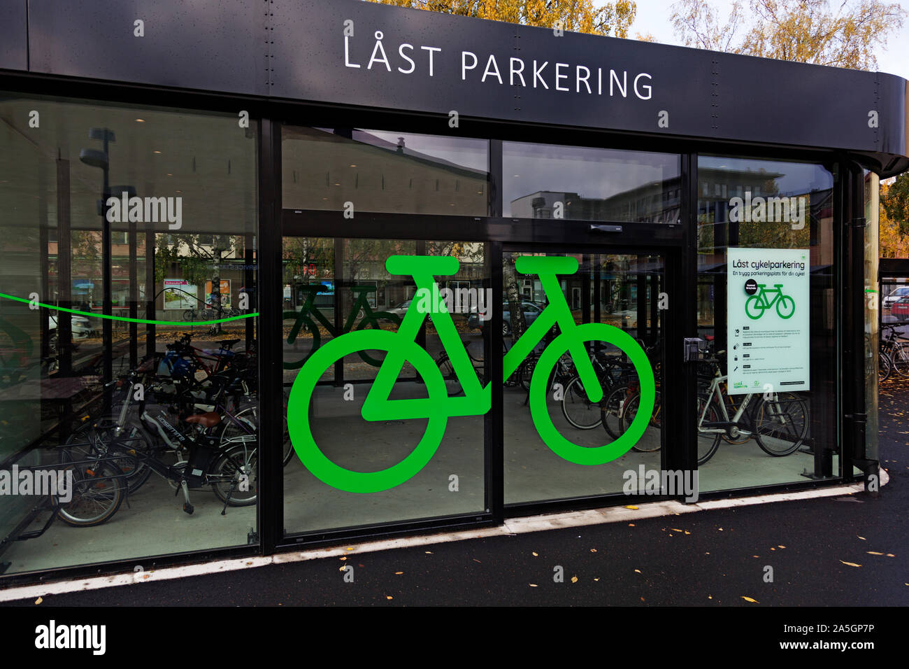Umea, Norrland Sweden - October 11, 2019: locked parking for bicycles under roof Stock Photo