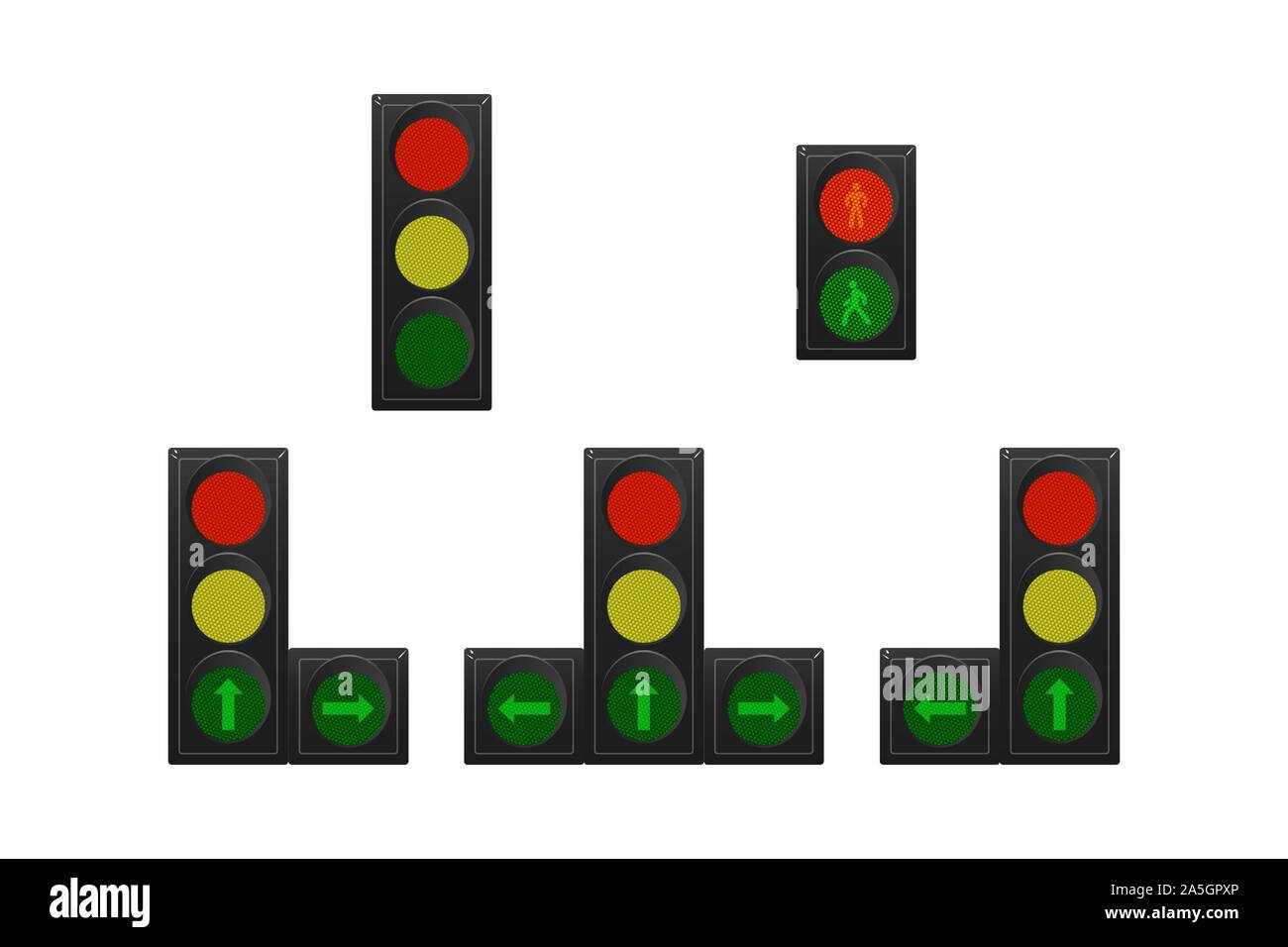 Set of vertical traffic lights. Red, yellow and green. Vector
