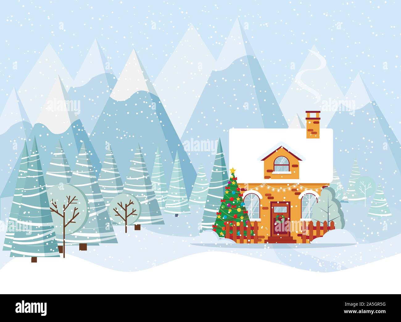 Winter Mountain Landscape With Christmas House Covered With Snow Decorated Christmas Tree Spruces In Cartoon Flat Style Stock Vector Image Art Alamy