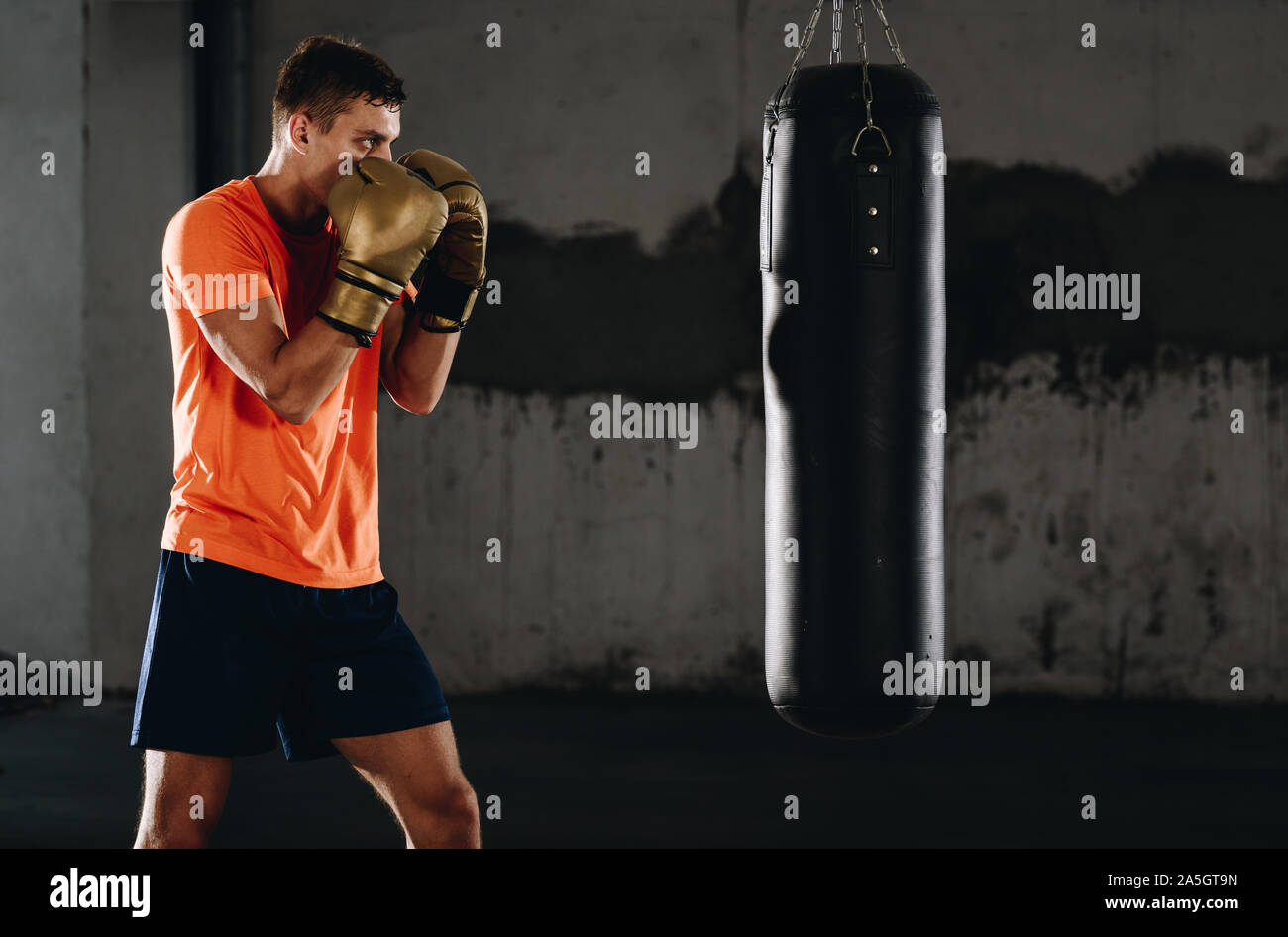 Young man in boxing gloves. Boxing man ready to fight. Boxing, workout