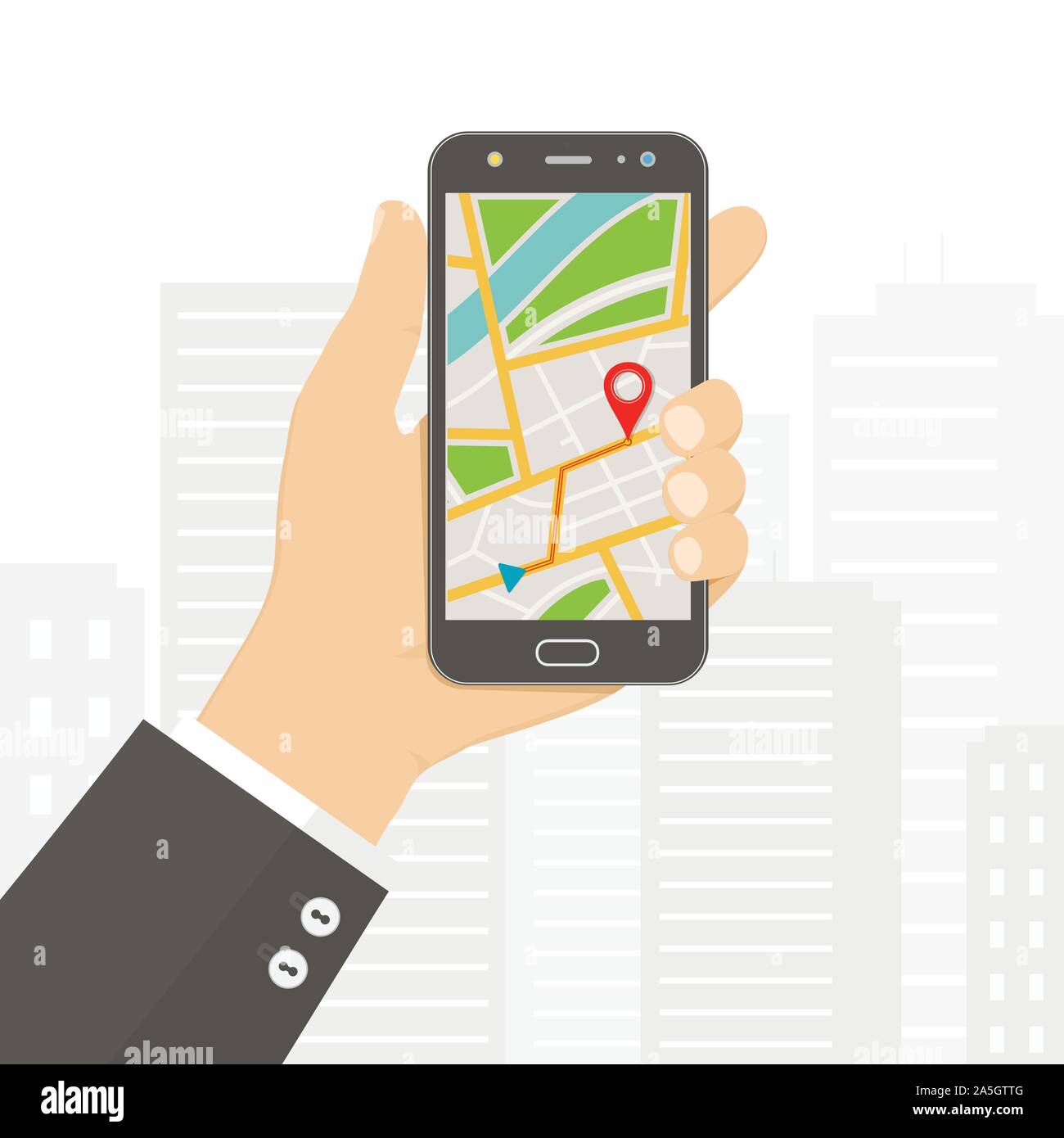 Hand holding smartphone with gps navigation map on screen. Mobile