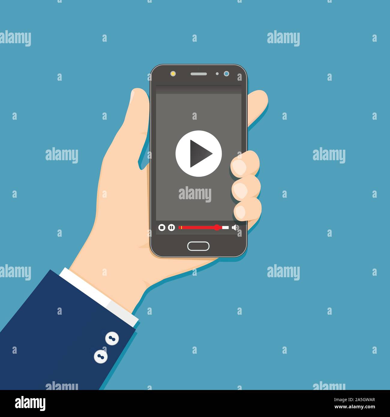 Hand holding smartphone with video player on the screen. Vector flat illustration. Stock Vector