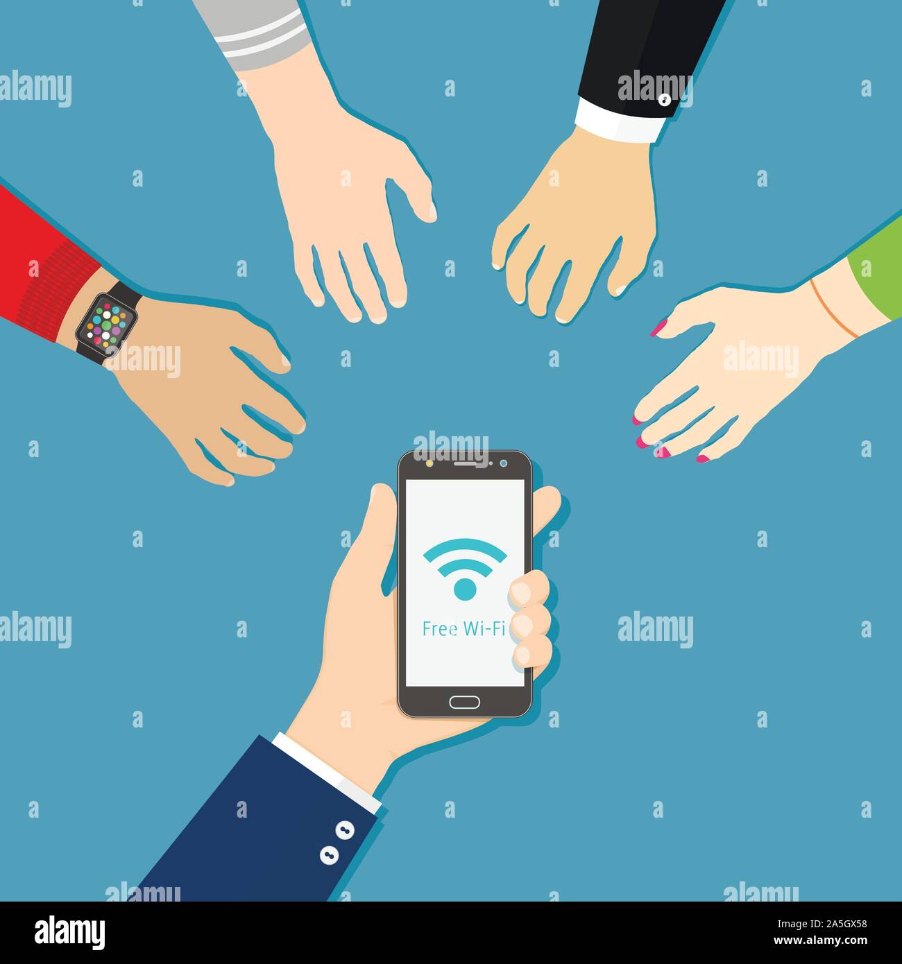 Hand holding black smartphone with Wi-Fi icon. People hands are reaching for free wi-fi. Flat style illustration. Stock Vector