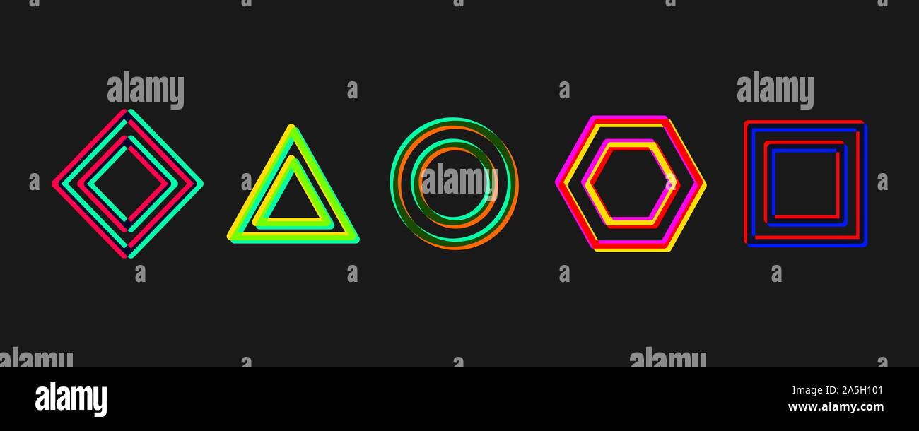 Set of geometric elements, shapes with glitch effect. Vector logo template collection Stock Vector