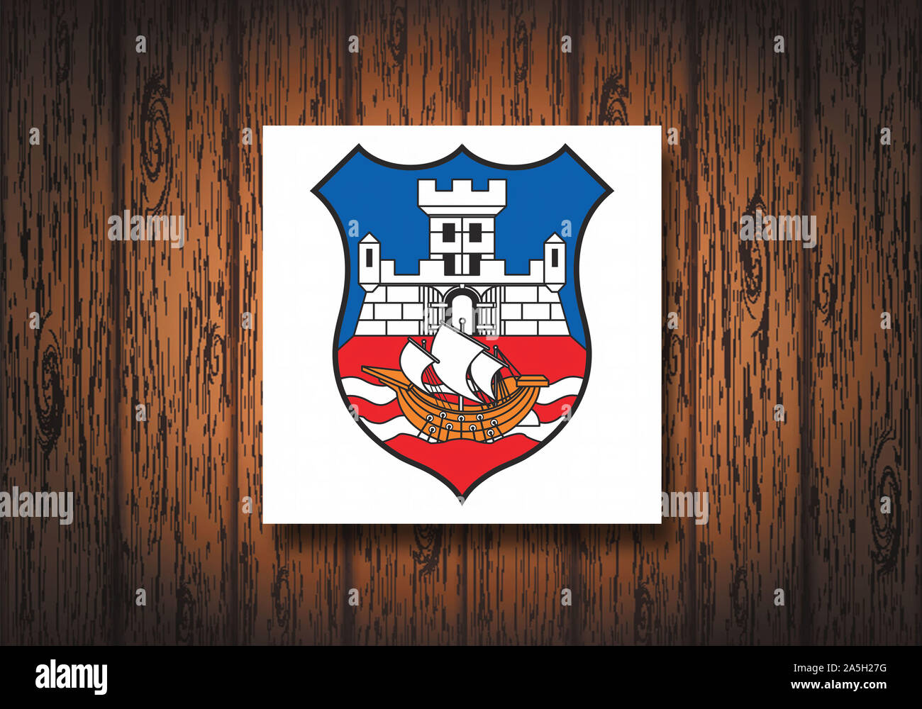 Belgrade coat of arms on a wooden background. Stock Photo