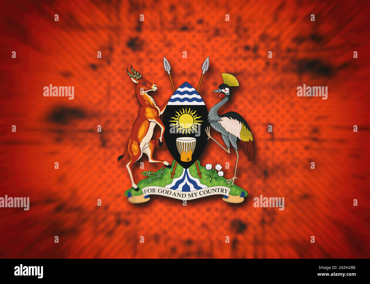 Coat of arms of Uganda on a red dirty blurred background Stock Photo