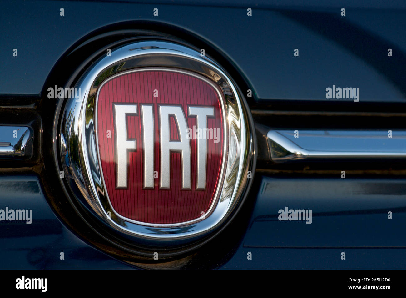 Vezia, Ticino, Switzerland - 7th October 2019 : Close up picture of the Fiat logo placed on a cars hood Stock Photo