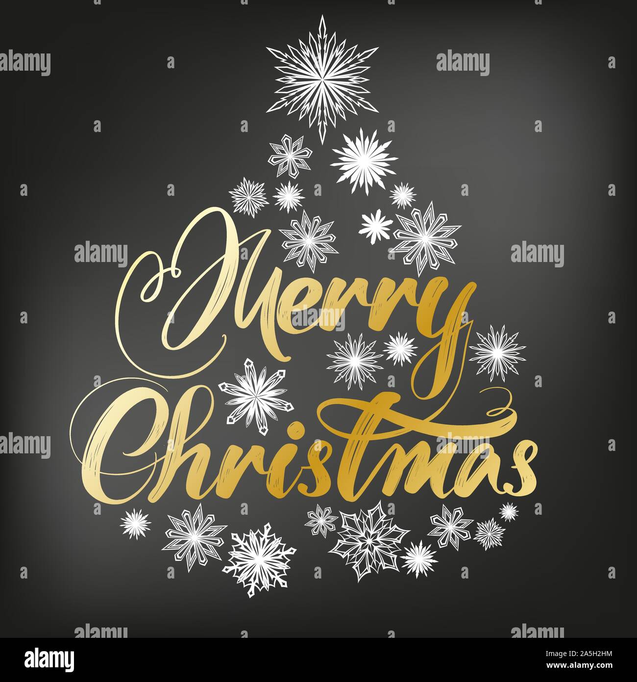 Merry Christmas Calligraphy lettering text and decorative snowflakes, symbol of Christianity hand drawn vector illustration sketch on a black Board. Stock Vector