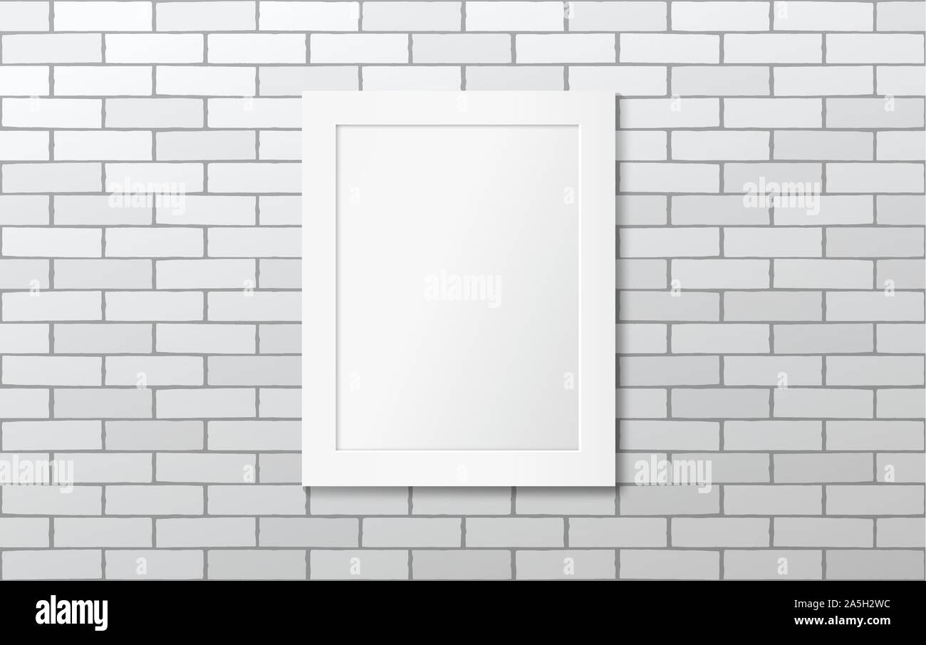 White frame on a white brick wall. Vector mock up Stock Vector