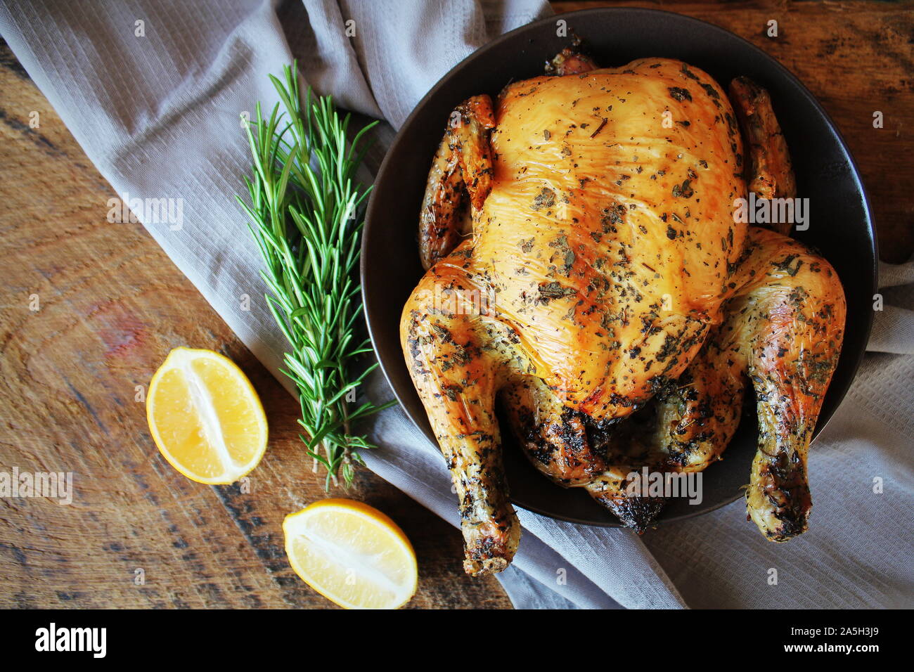 Roasted whole chicken or turkey for celebration and holiday. Christmas ...