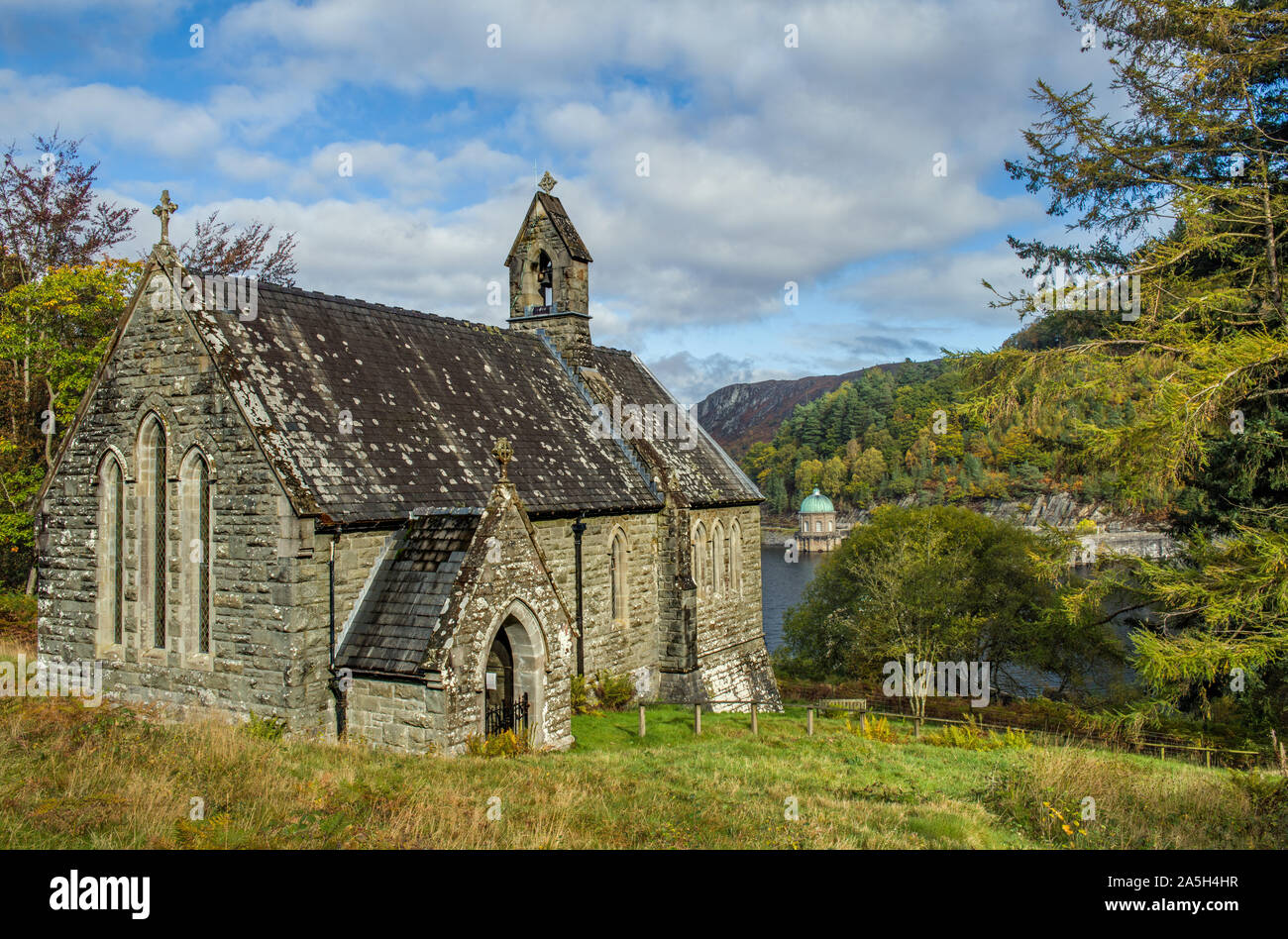 Nantgwyllt Church above Caban Coch Reservoir in the Elan Valley Powys Mid Wales. The church was moved here after its location was due to be flooded. Stock Photo