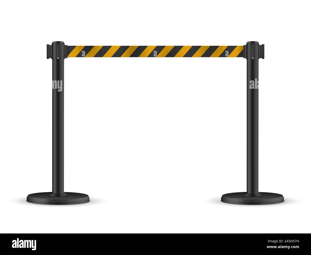 Retractable belt stanchion. Portable ribbon barrier. Striped black