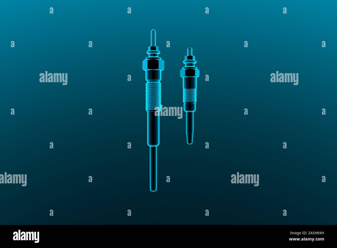 Two types of auto parts glow plug on a dark background. Spare part for the car engine. 3d rendering Stock Photo