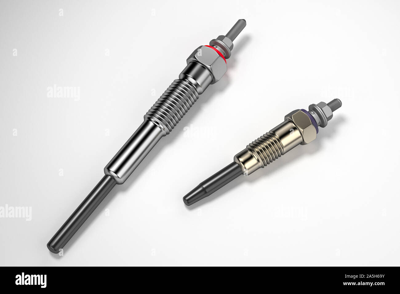 Two types of auto parts glow plug on a white background. Spare part for the car engine. 3d rendering Stock Photo