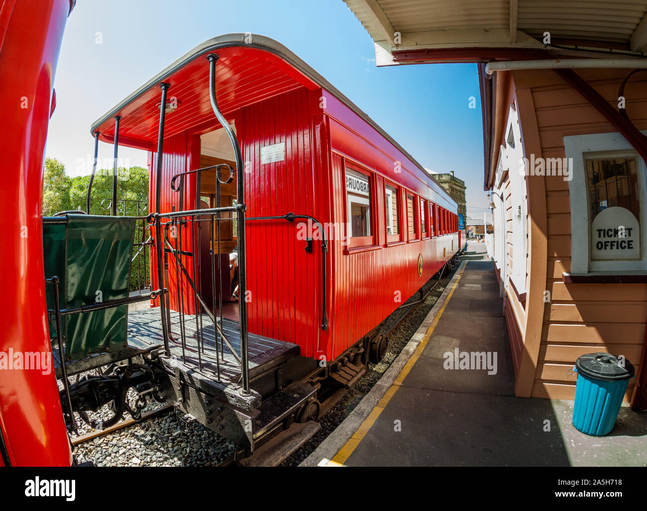 Train cars at Harbourside Station in Oamaru, New Zealand Stock Photo
