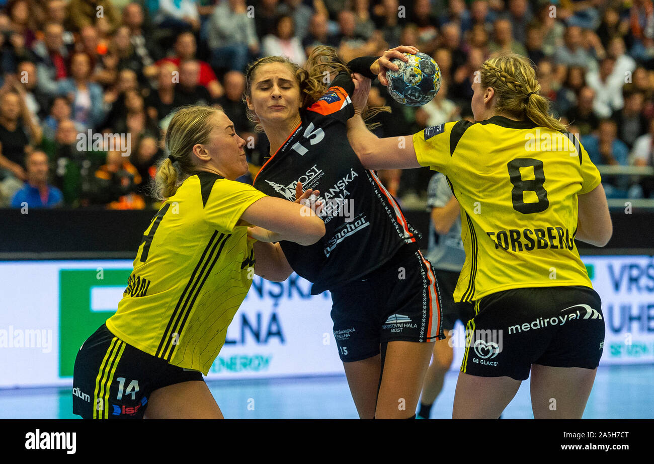 Chomutov, Czech Republic. 20th Oct, 2019. The Czech Most team drew with the  Swedish Savehof 25-25 in the women's handball Champions League 3rd round  group D match played in Chomutov, Czech Republic,