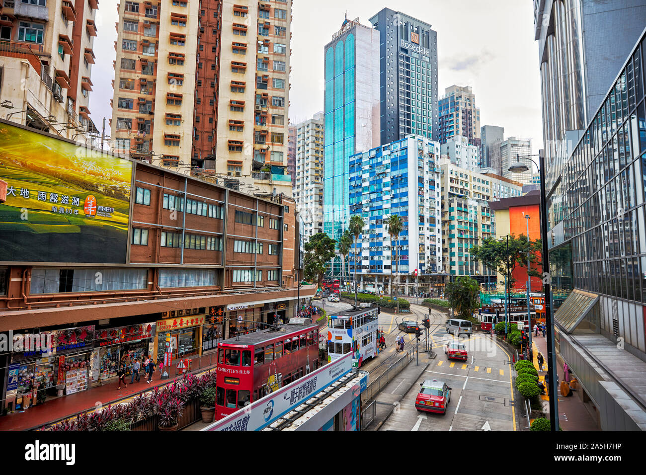 Elevated view of the Yee Wo street in Causeway Bay, Hong Kong, China. Stock Photo