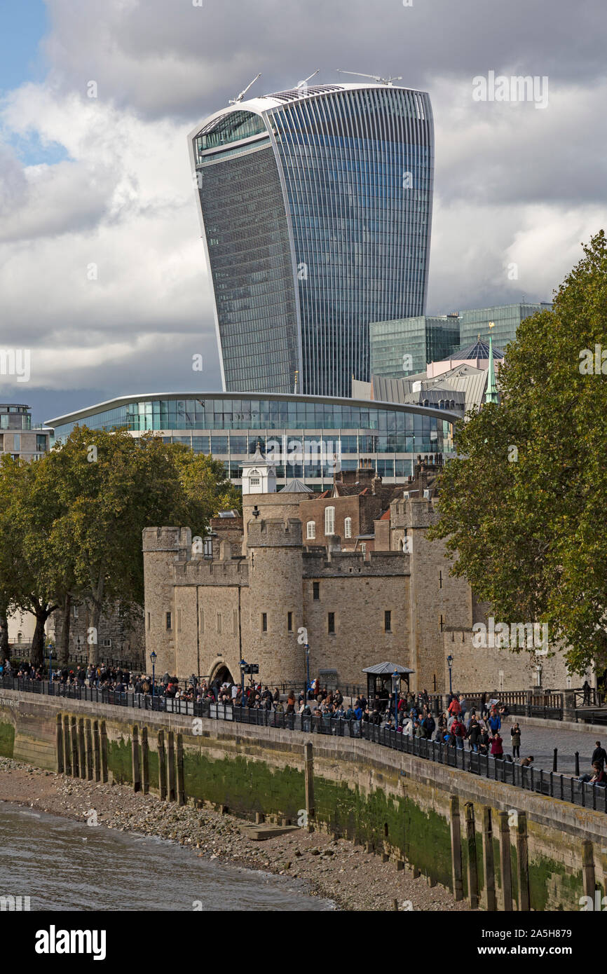 The Tower Of London, with the Walkie Talkie Commercial building at 20 Fenchurch Street in the background. Stock Photo