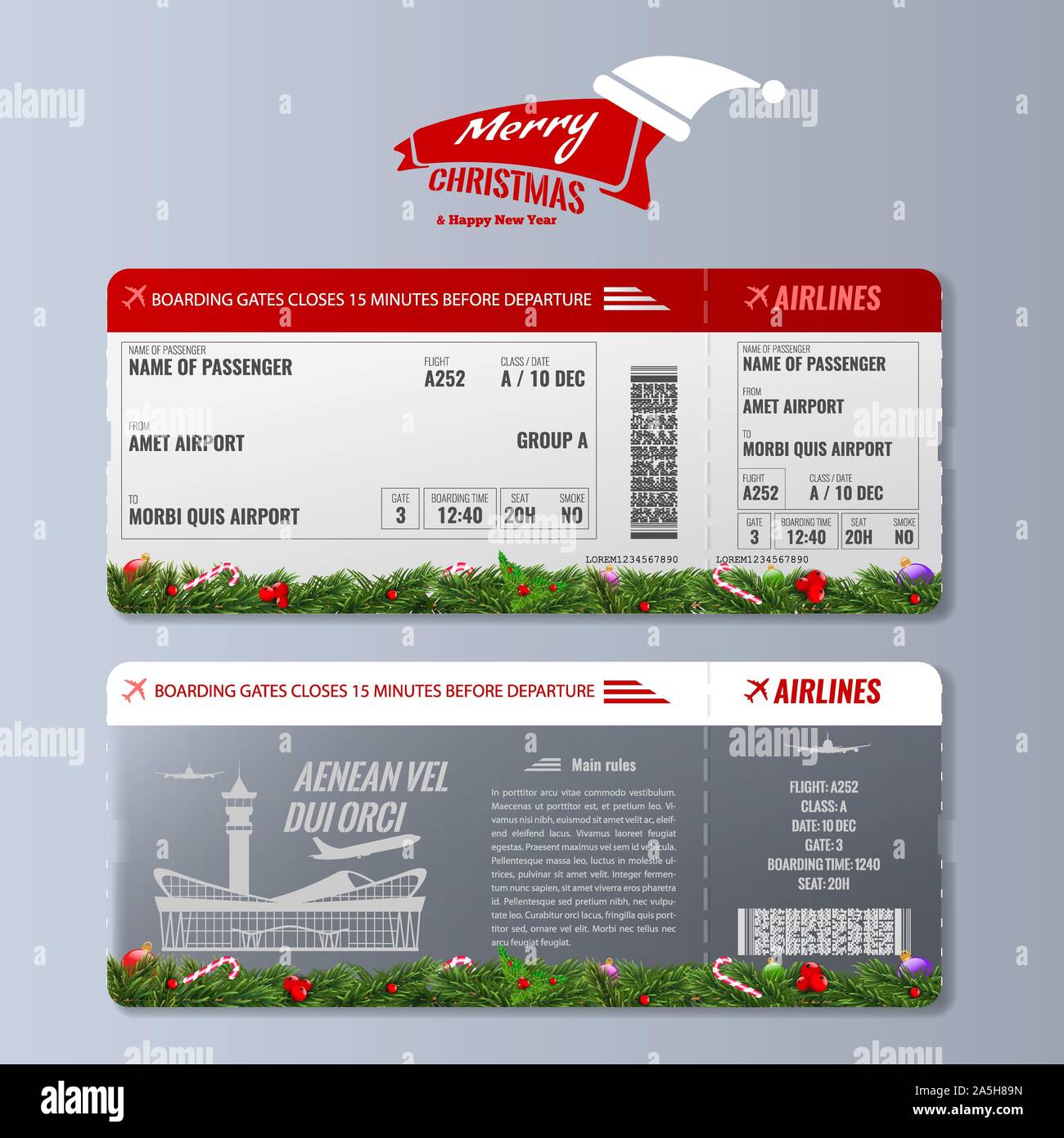 Airline boarding pass or air ticket design template with christmas or new year holiday concept. Vector illustration. Stock Vector