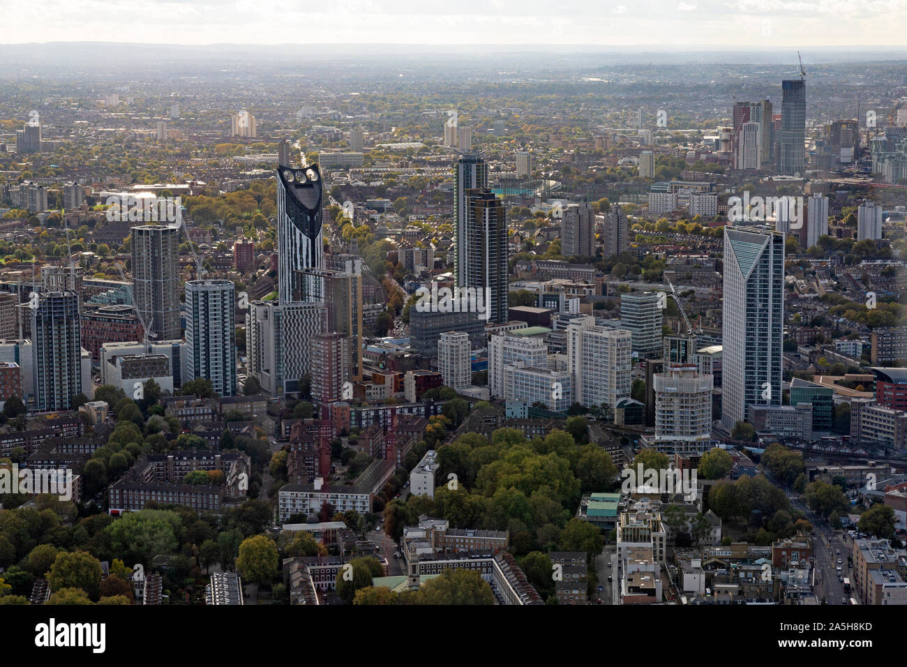 An aerial  view looking across South London, with the Strata Tower visible centre left. Stock Photo