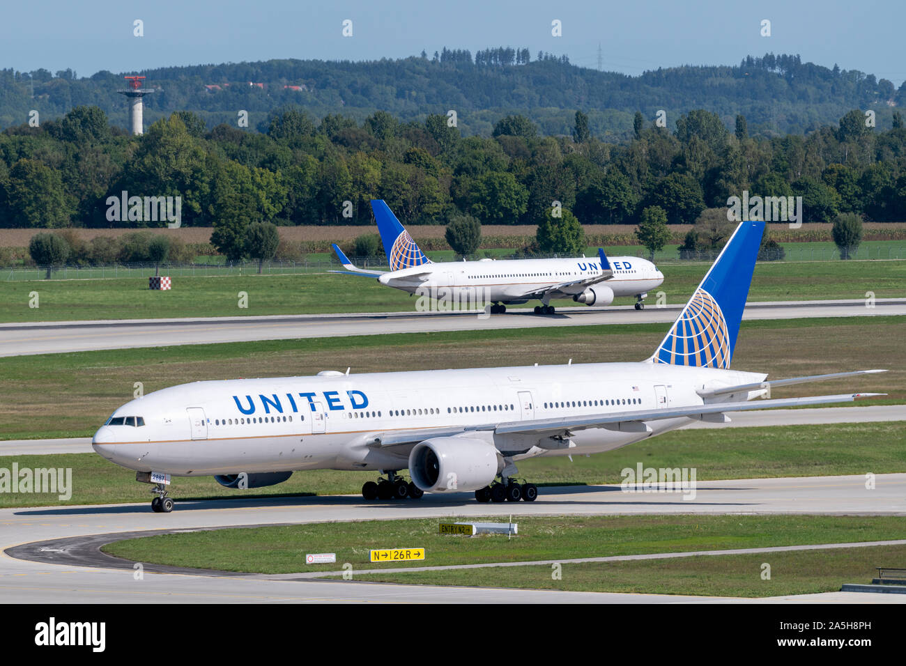 Munich, Germany - September 18. 2019 : United Airlines Boeing 777-200 with the aircraft registration number N787UA is taxiing for take off on the nort Stock Photo