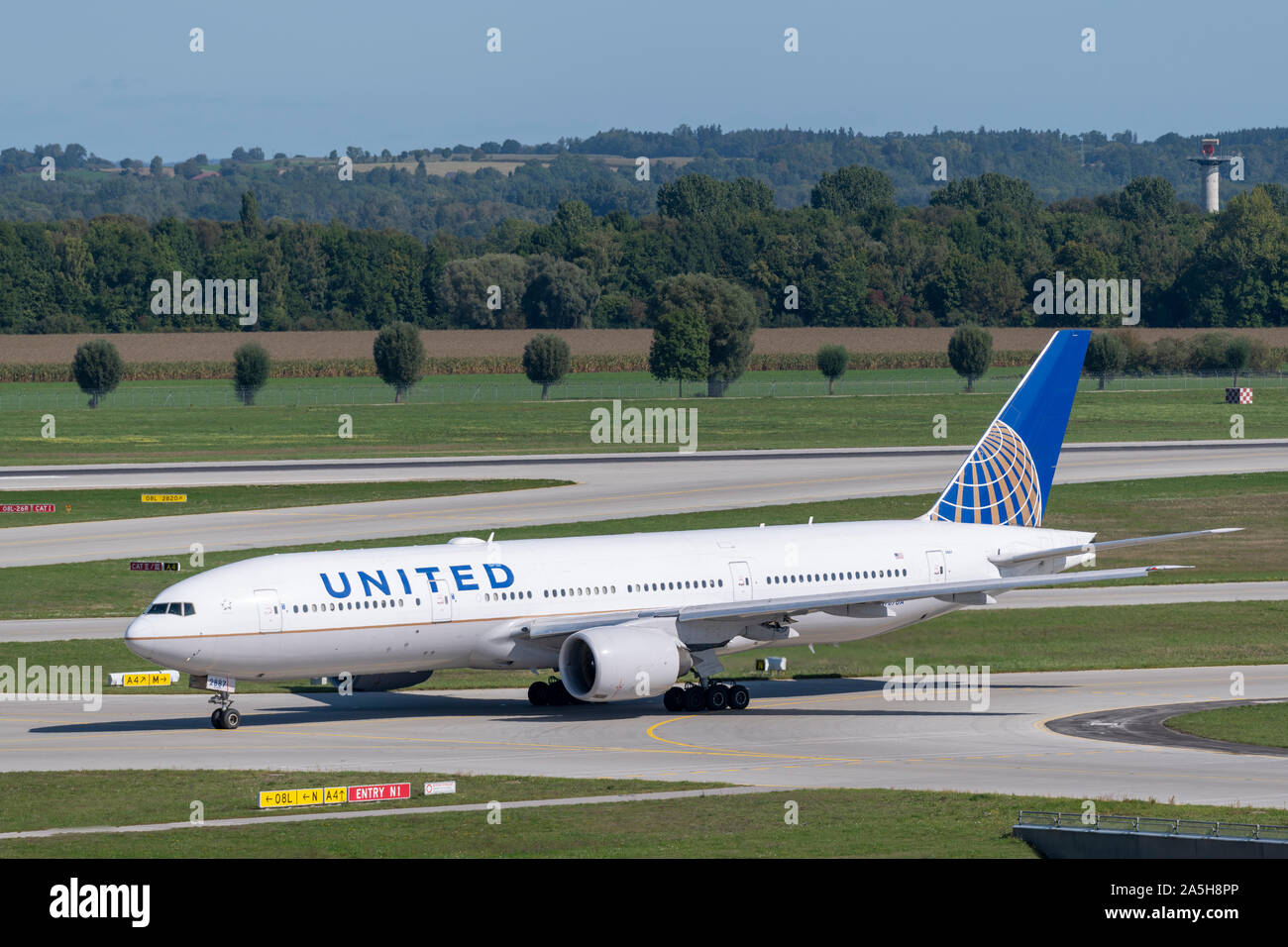 Munich, Germany - September 18. 2019 : United Airlines Boeing 777-200 with the aircraft registration number N787UA is taxiing for take off on the nort Stock Photo