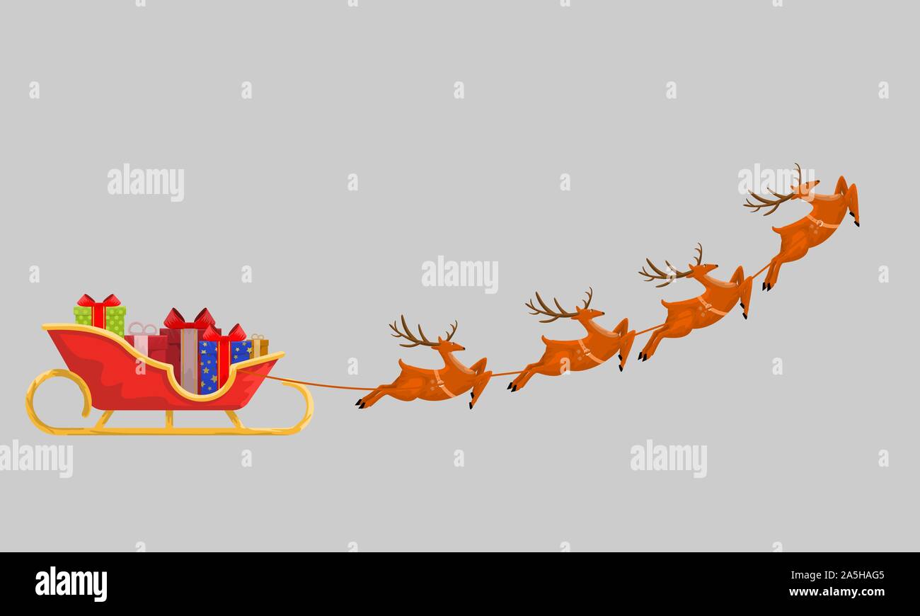Santas Sleigh with Presents and Reindeer line up for Christmas gift delivery. Isolated Flat, solid and cartoon style vector illustration. Stock Vector