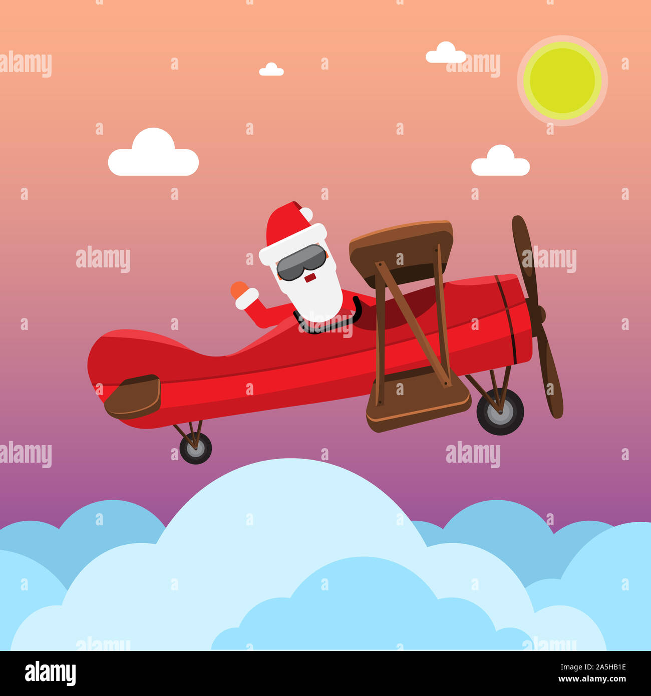 Santa Flying With cartoon style old vintage Plane. illustration. Stock Photo