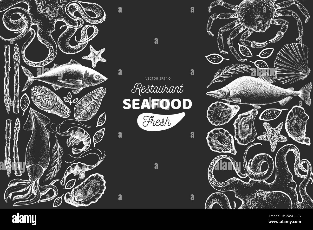 Seafood and fish design template. Hand drawn vector illustration on ...