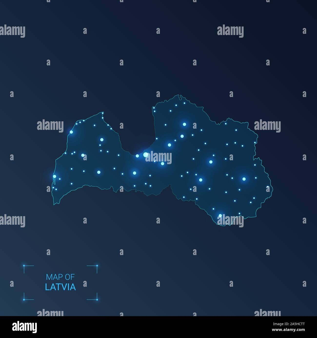 Latvia map with cities. Luminous dots - neon lights on dark background. Vector illustration. Stock Vector