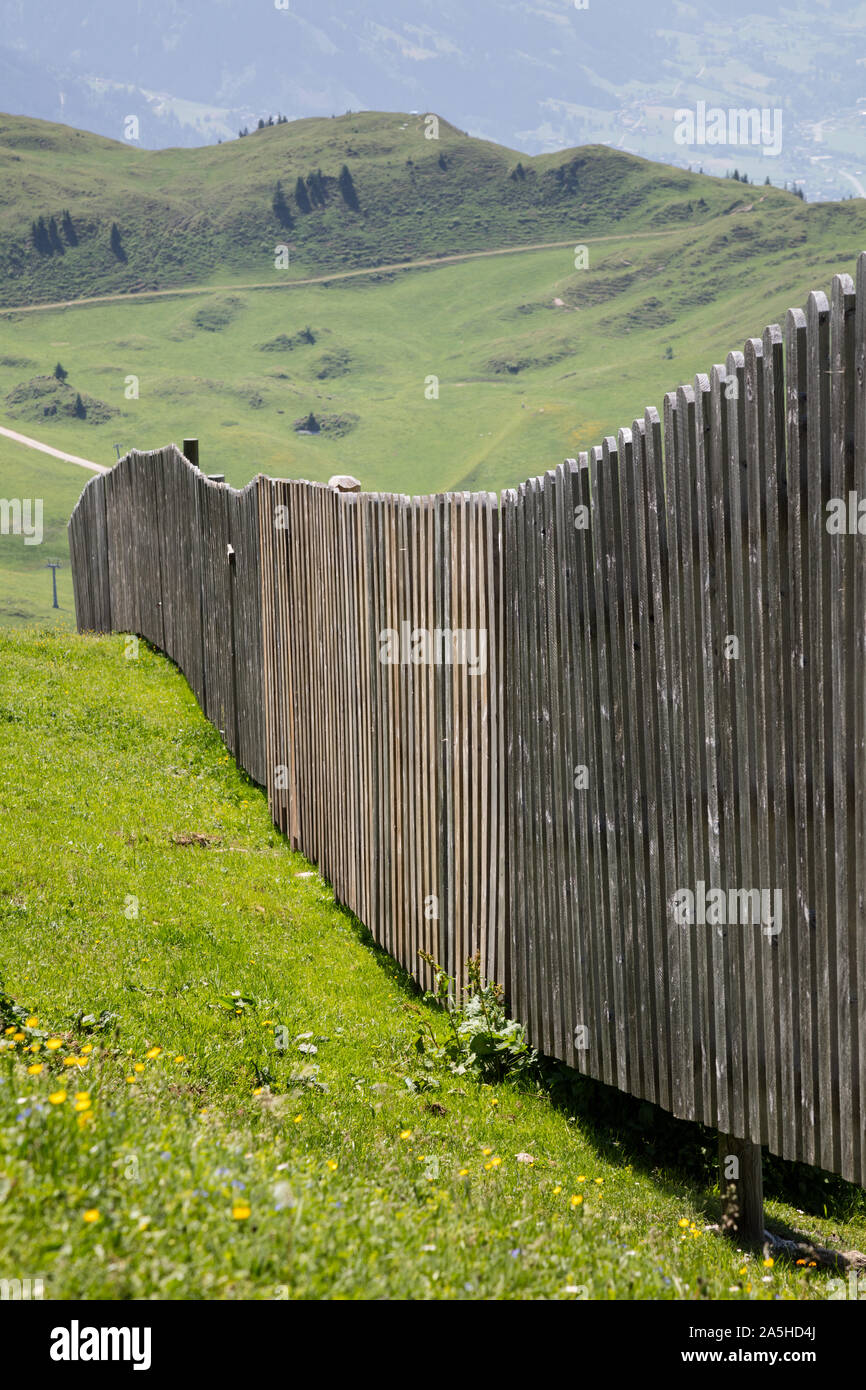 Wooden fence on the hill, Alps, Tyrol, Austria, Europe Stock Photo