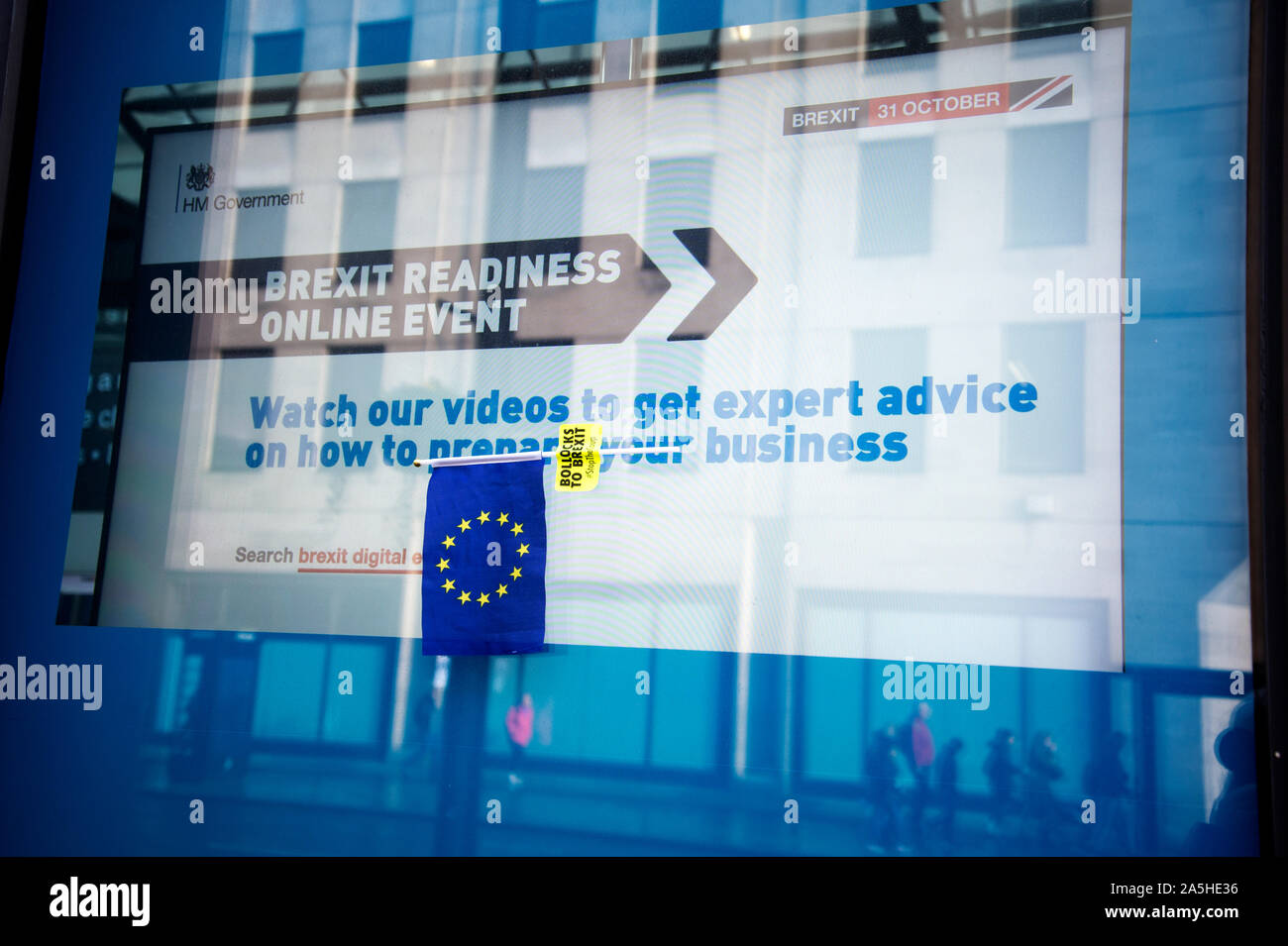 Final Say anti Brexit march October 19th 2019. Window of the  Department for Business, Energy & Industrial Strategy with display saying 'Get ready for Stock Photo
