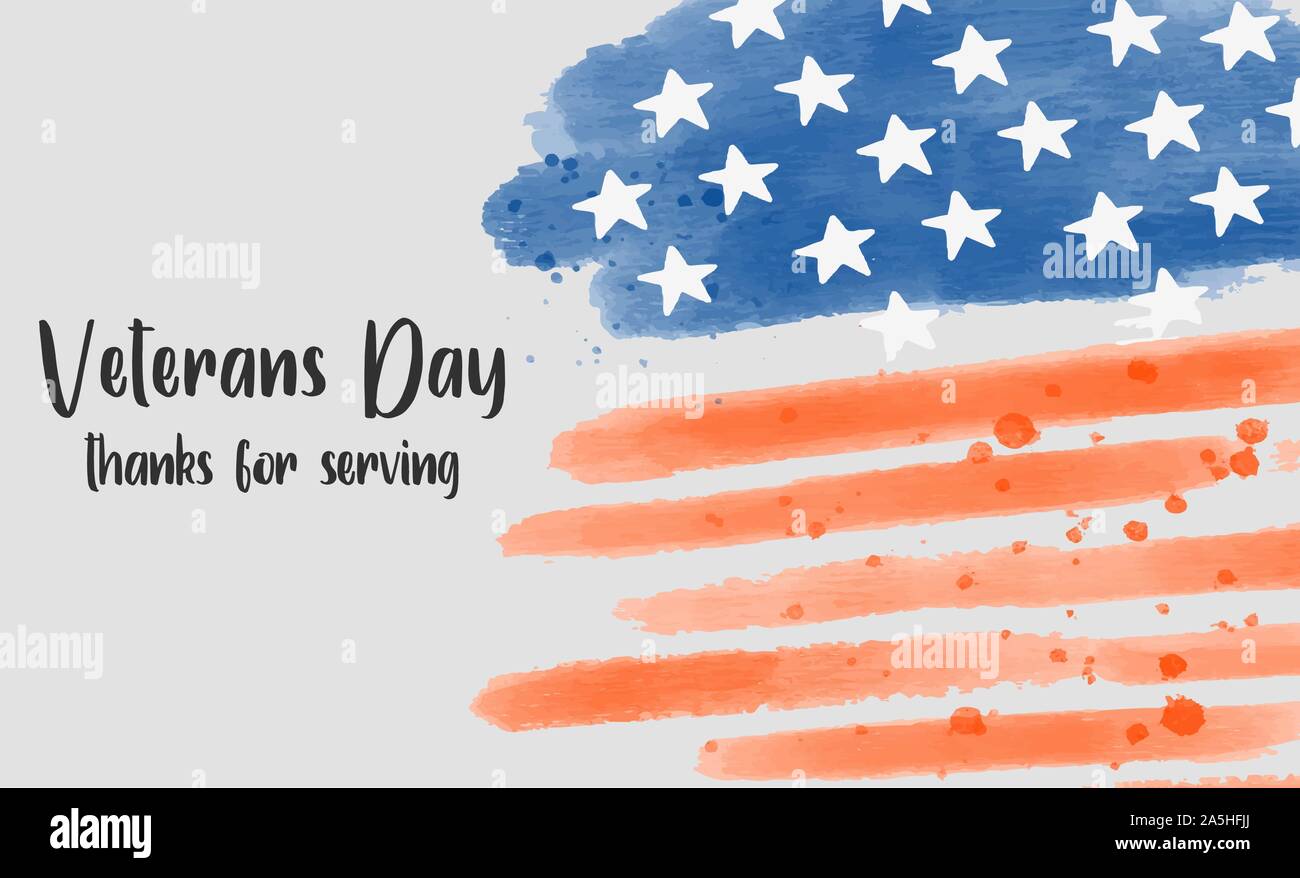 Veterans Day watercolor Banner with American flag on the background.  Stock Vector