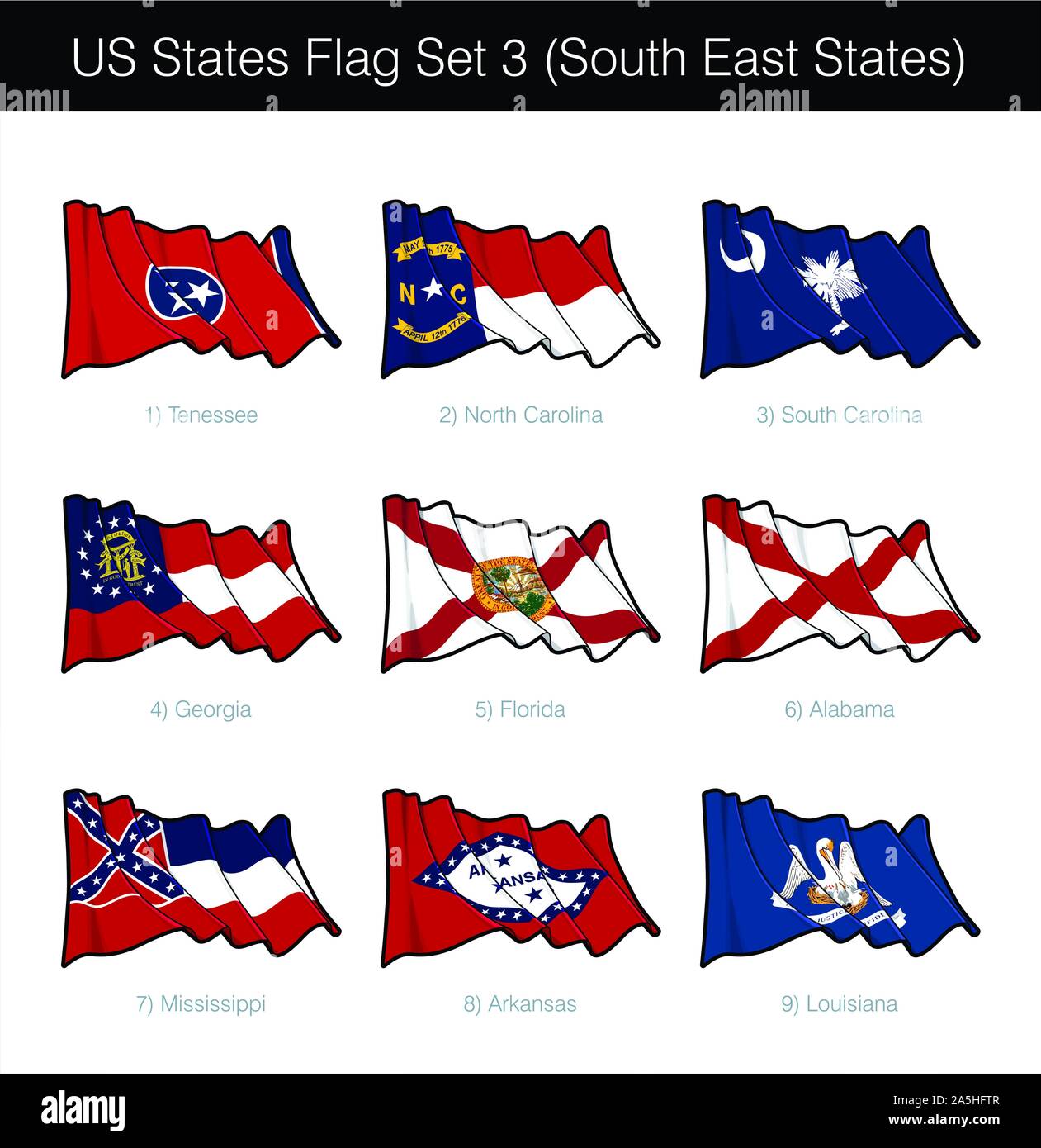 US South East States Flag Set. It includes the flags of Tennessee, North and South Carolina, Georgia, Florida, Alabama, Mississippi, Arkansas n Louisi Stock Vector