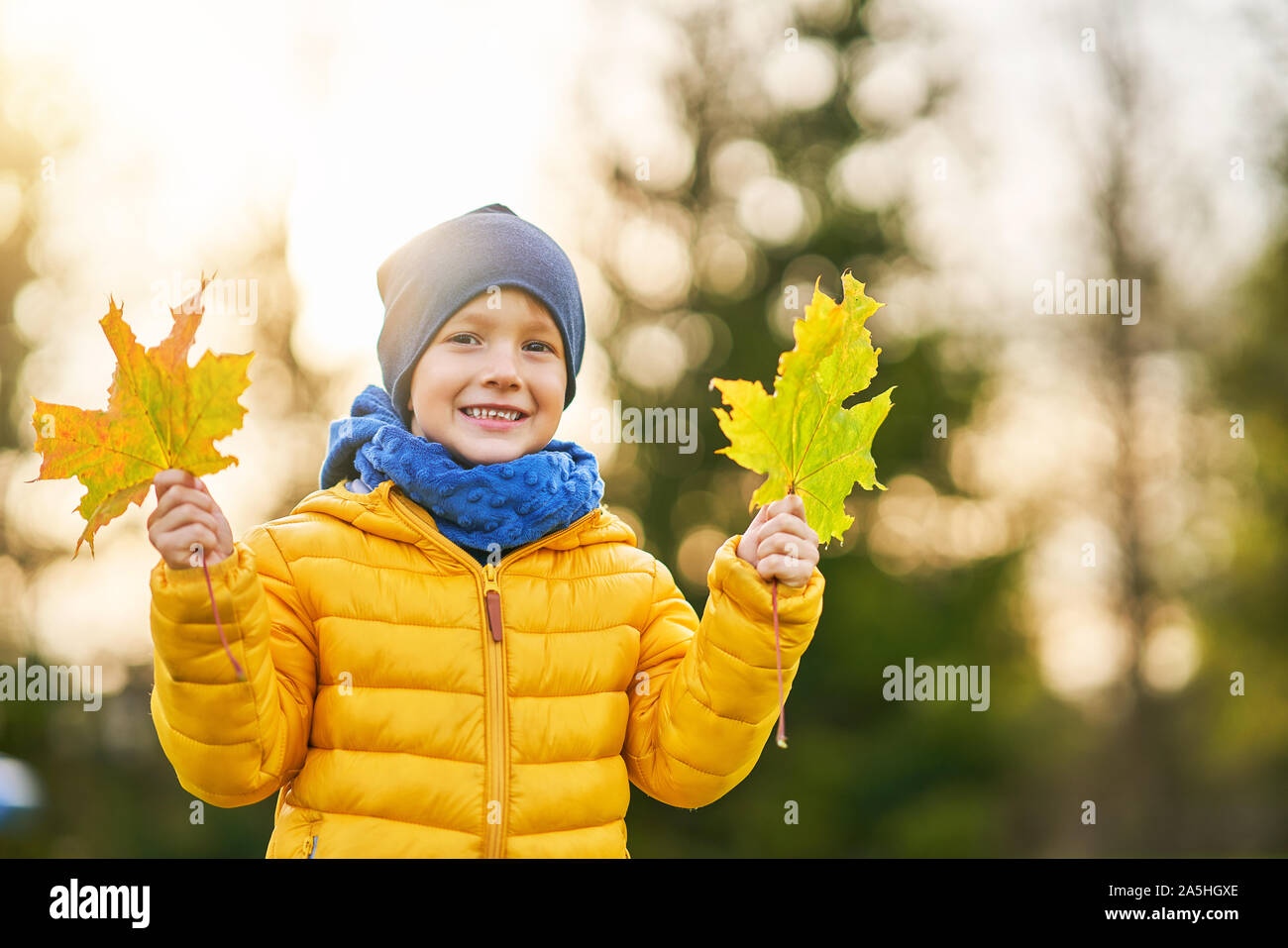 Happy child boy playing outside in autumn Stock Photo Alamy
