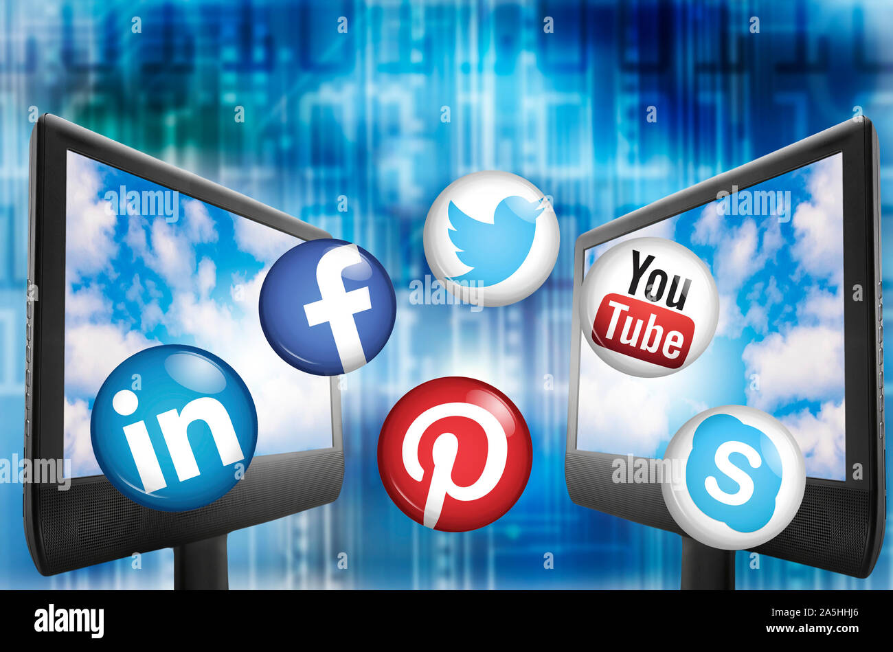 computer monitors and social media logos Stock Photo
