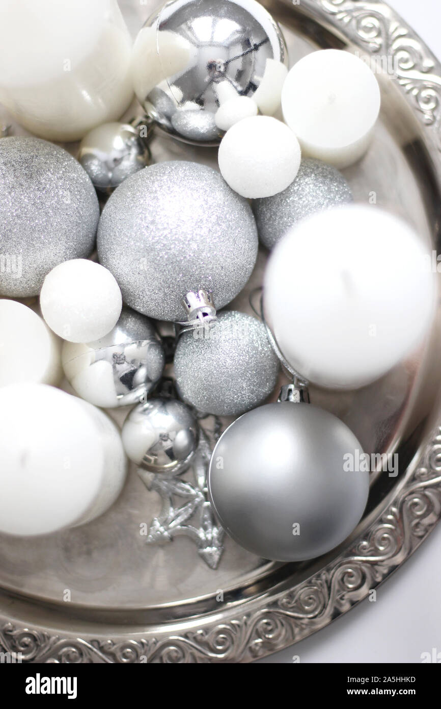 Holidays Festive Silver Ornaments, White Candles. Minimal