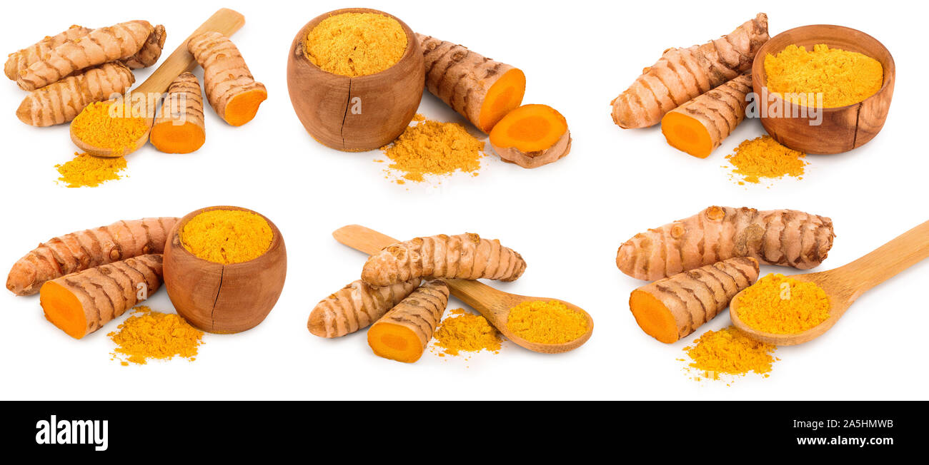 Turmeric Powder Front View Set or collection turmeric powder and turmeric root isolated on white ...