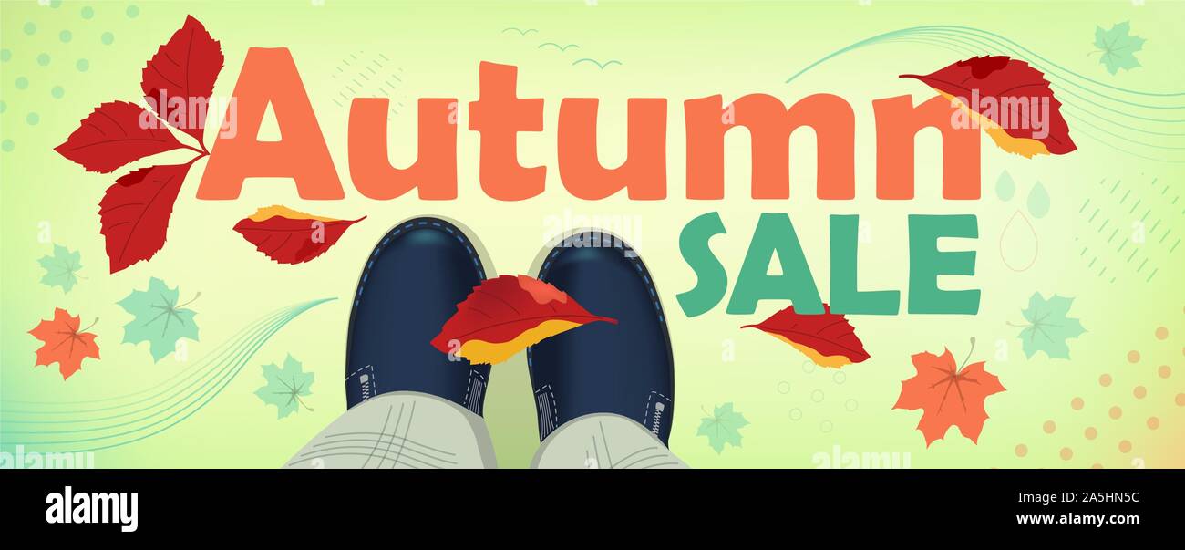 Autumn sale, text and vector illustration, cover or website background. Top view of female legs or baby boots with falling maple and wild grape leaves Stock Vector