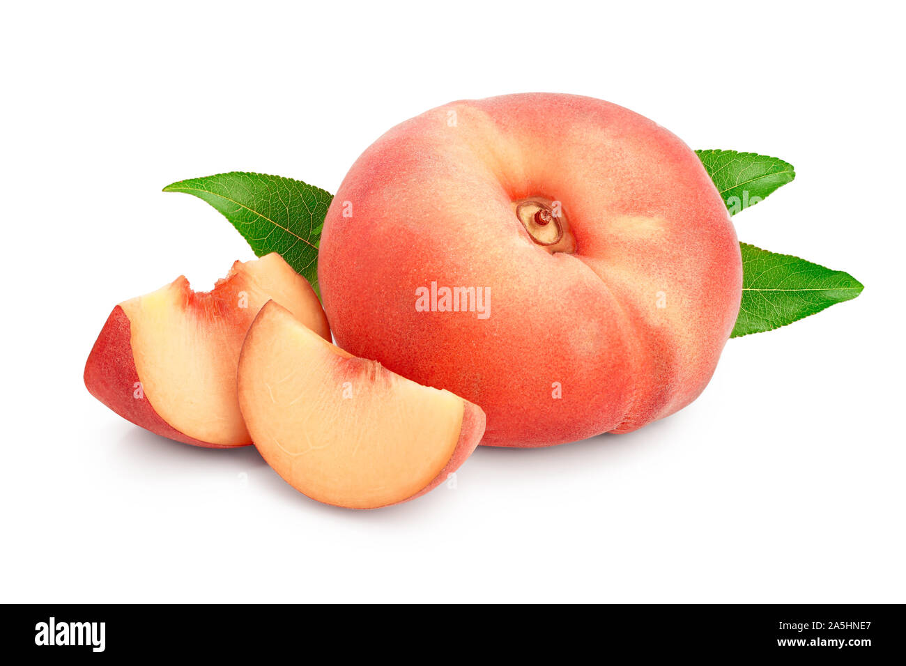Ripe Chinese Flat Peach Fruit And Slices With Leaf Isolated On White Background Stock Photo Alamy