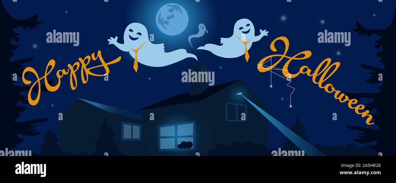 Halloween night background with ghosts, haunted house and full moon. Flyer or invitation template for party. Illustration for facebook cover Stock Vector