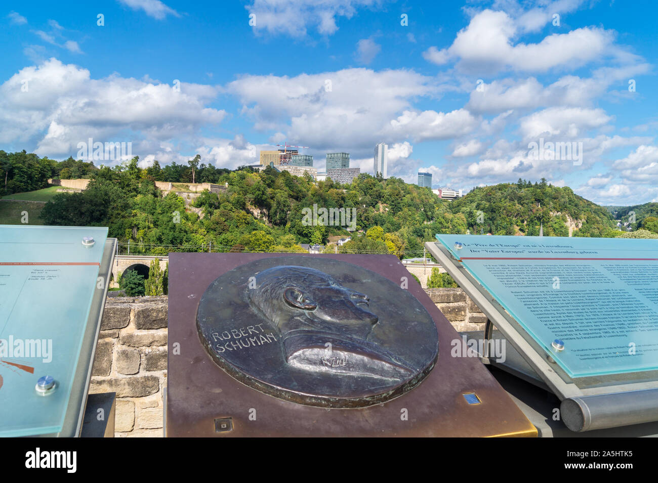 European Union institutions, Kirchberg, seen from memorial to Robert Schuman on the casemates du Bock, Luxembourg city, Grand Duchy of Luxembourg Stock Photo