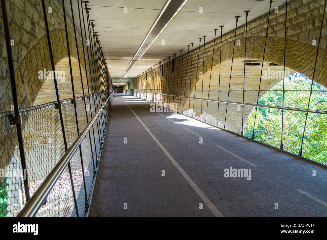 Cycle path suspended under Pont Adolphe, Adolphe Bridge, Luxembourg city, Grand Duchy of Luxembourg Stock Photo