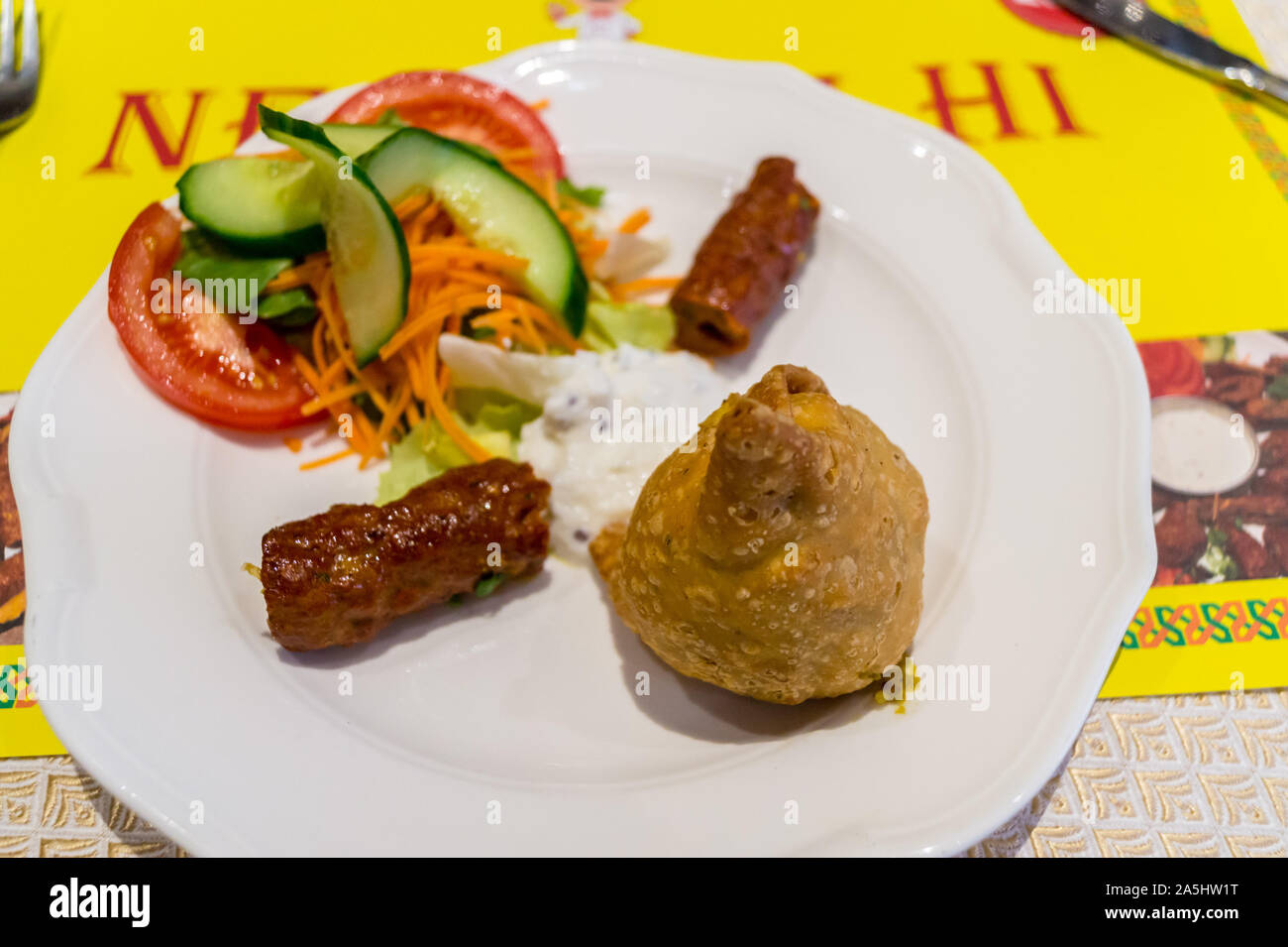 Sheek kebab, and vegetable samosa, New Delhi indian restaurant, Luxembourg city, Grand Duchy of Luxembourg Stock Photo