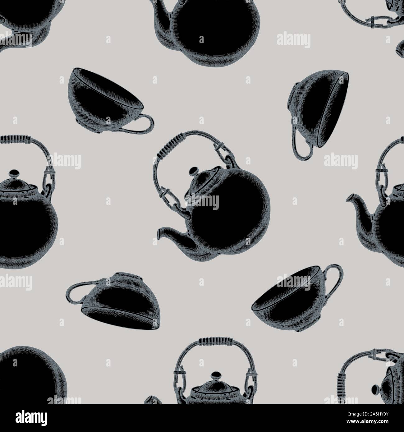 Seamless pattern with hand drawn stylized teapots, cups stock illustration Stock Vector