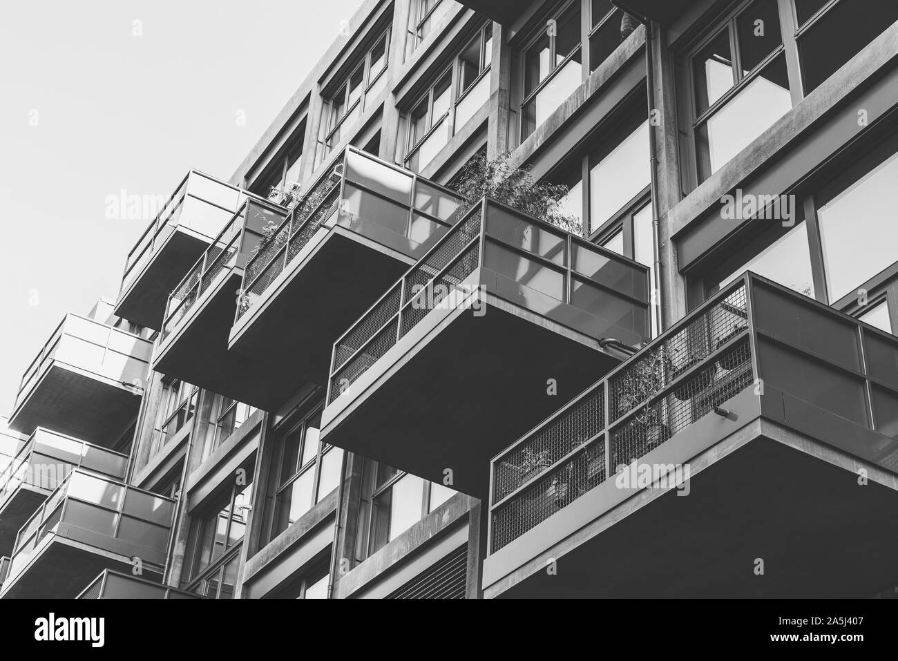 Balconies of an apartment house Black and White Stock Photos & Images ...