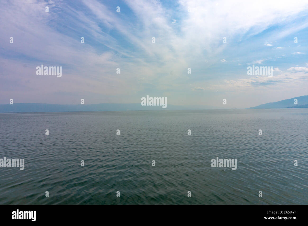 view of sea of Galilee from the local ferry, lake of Galilee in Israel, where Jesus practice the kingdom of heaven Stock Photo